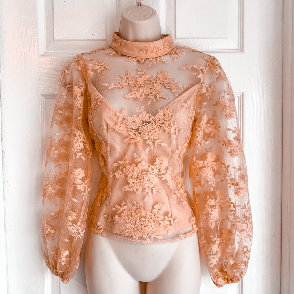 Peach Nude Lace Embroidered Blouse